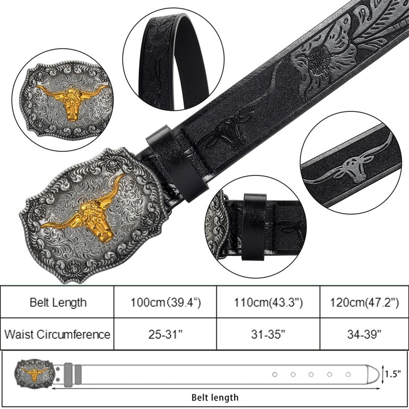 Vikodah Men Women-Western-Cowboy-Leather-Belts - Longhorn Bull Pattern Buckle Belt Floral Engraved Buckle Belt for Jeans - Image 3