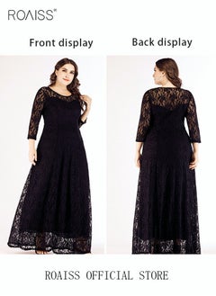 roaiss Women's Plus Size Lace Dress for Wedding Party Dating Solid Color Midi Long Loose Dress Transparent three quarter Sleeve Boat Neck Large Hem Elegant Evening Dresses Black  - Image 4