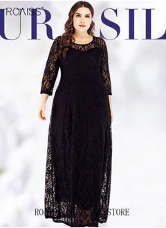 roaiss Women's Plus Size Lace Dress for Wedding Party Dating Solid Color Midi Long Loose Dress Transparent three quarter Sleeve Boat Neck Large Hem Elegant Evening Dresses Black  - Image 1