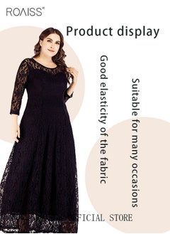 roaiss Women's Plus Size Lace Dress for Wedding Party Dating Solid Color Midi Long Loose Dress Transparent three quarter Sleeve Boat Neck Large Hem Elegant Evening Dresses Black  - Image 2