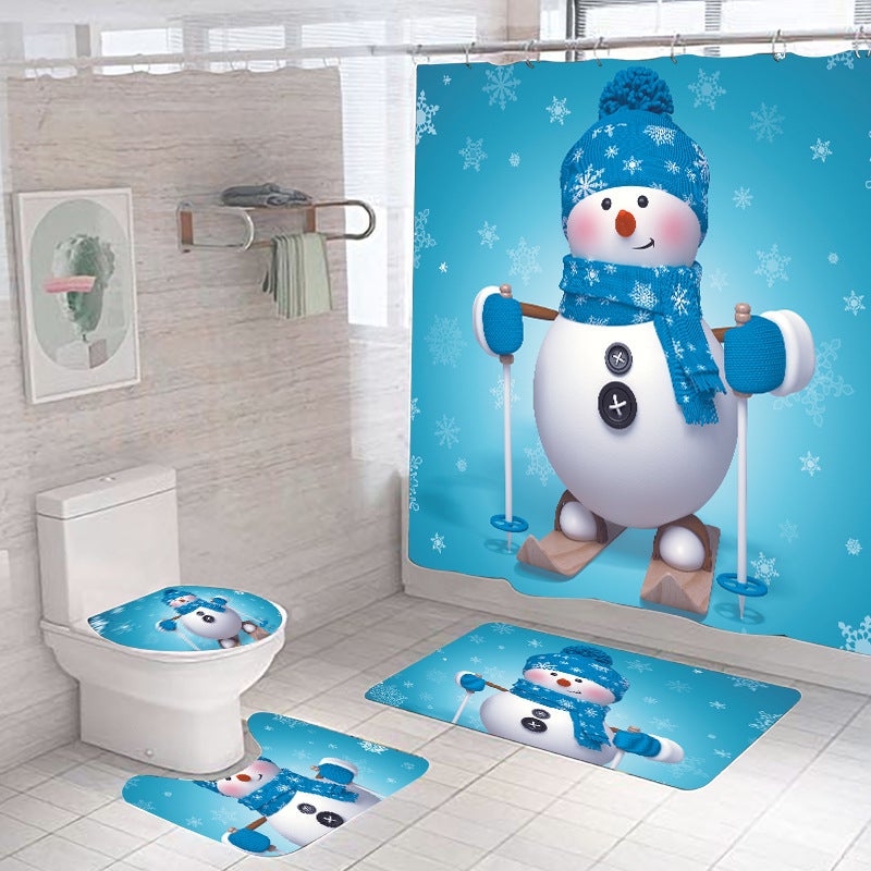 Christmas Bathroom Set Santa Reindeer Snowman Digital Print Curtain Snowman skiing 