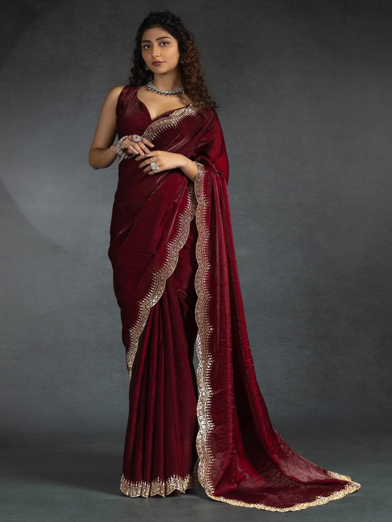 SAREE MALL Women's Maroon Satin Silk Beads & Stones Saree With Unstitched Blouse Piece (MORPNKH1050C_MK) - Image 3