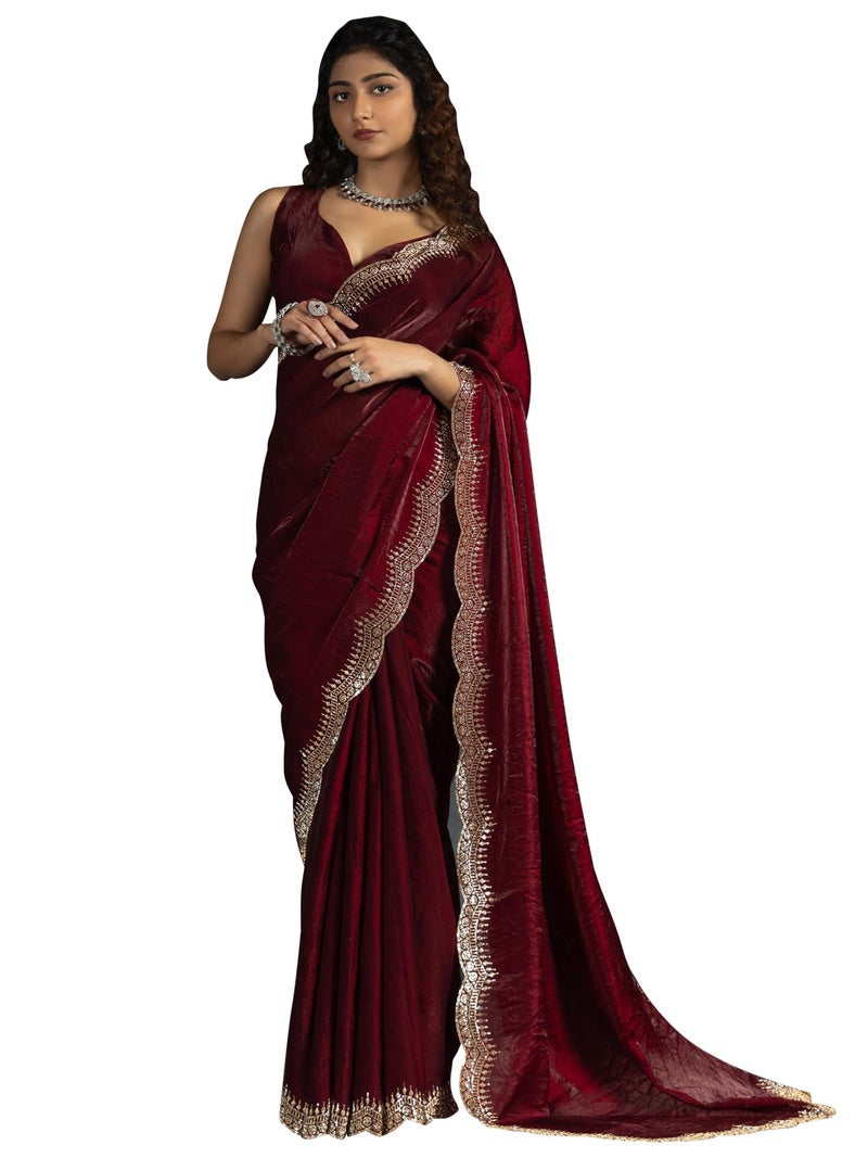 SAREE MALL Women's Maroon Satin Silk Beads & Stones Saree With Unstitched Blouse Piece (MORPNKH1050C_MK) - Image 1