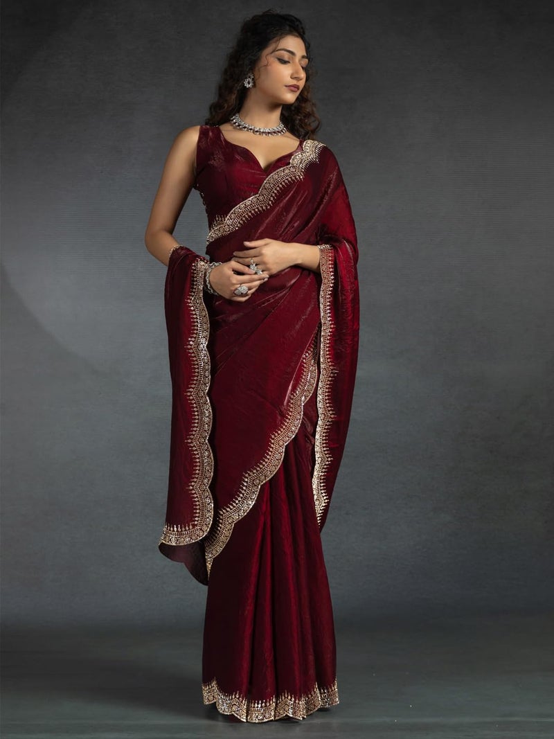 SAREE MALL Women's Maroon Satin Silk Beads & Stones Saree With Unstitched Blouse Piece (MORPNKH1050C_MK) - Image 4