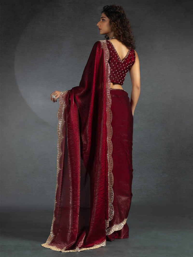 SAREE MALL Women's Maroon Satin Silk Beads & Stones Saree With Unstitched Blouse Piece (MORPNKH1050C_MK) - Image 2
