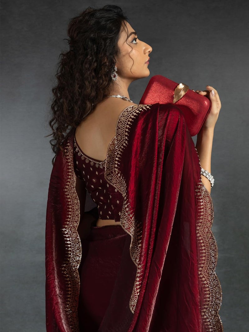 SAREE MALL Women's Maroon Satin Silk Beads & Stones Saree With Unstitched Blouse Piece (MORPNKH1050C_MK) - Image 5