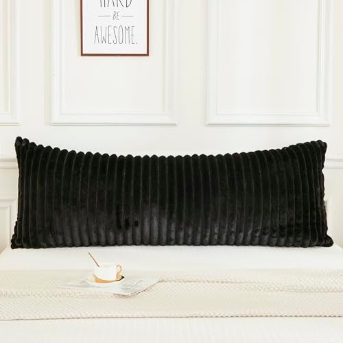 JAUXIO Faux Fur Fluffy Body Pillow Cover Luxury Textured Vertical Stripe Plush Decorative Body Pillowcase Ultra Soft and Cozy Zipper Closure 21 x 54 Inches Black - Image 3