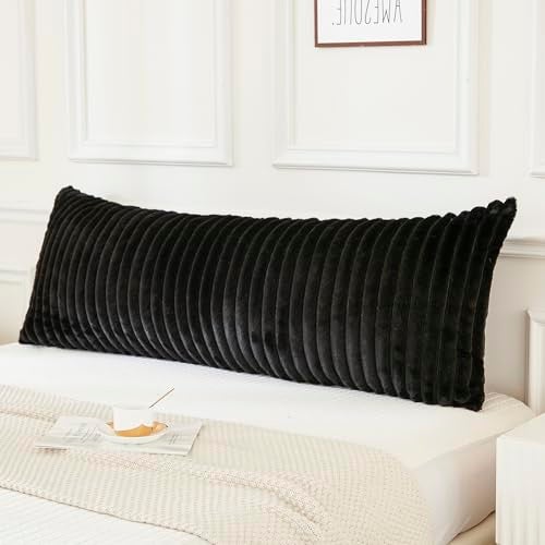 JAUXIO Faux Fur Fluffy Body Pillow Cover Luxury Textured Vertical Stripe Plush Decorative Body Pillowcase Ultra Soft and Cozy Zipper Closure 21 x 54 Inches Black - Image 1