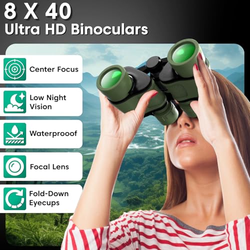 Sounce 8x40 Binoculars for Long Distance | Professional HD Binocular for Adults | BAK4 Porro Prism FMC Optics | Bird Watching Wildlife Trekking Safari | Wide Angle Durbin with Pouch (Green) - Image 2