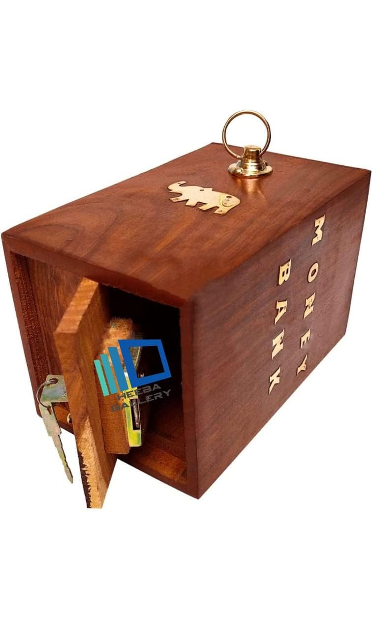 HEEBA GALLERY Wooden Money Bank - Big Size Master Size Large Piggy Bank Wooden 6 x 4 inch for Kids and Adults (Brown) || MB08 - Image 3