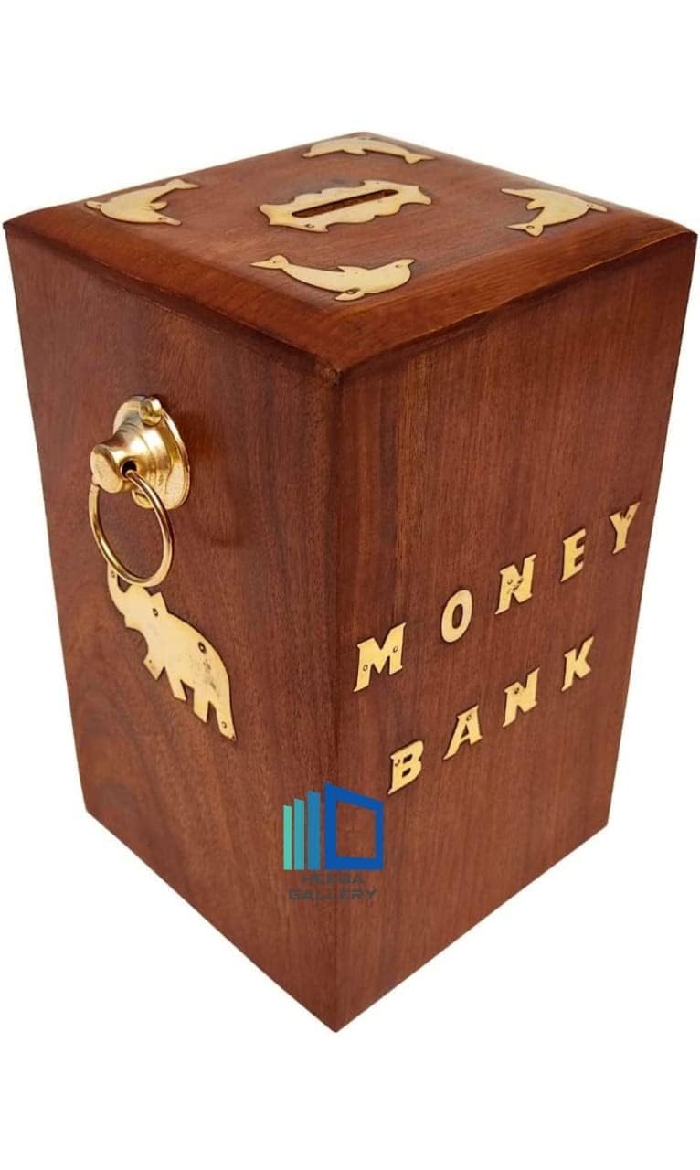 HEEBA GALLERY Wooden Money Bank - Big Size Master Size Large Piggy Bank Wooden 6 x 4 inch for Kids and Adults (Brown) || MB08 - Image 1