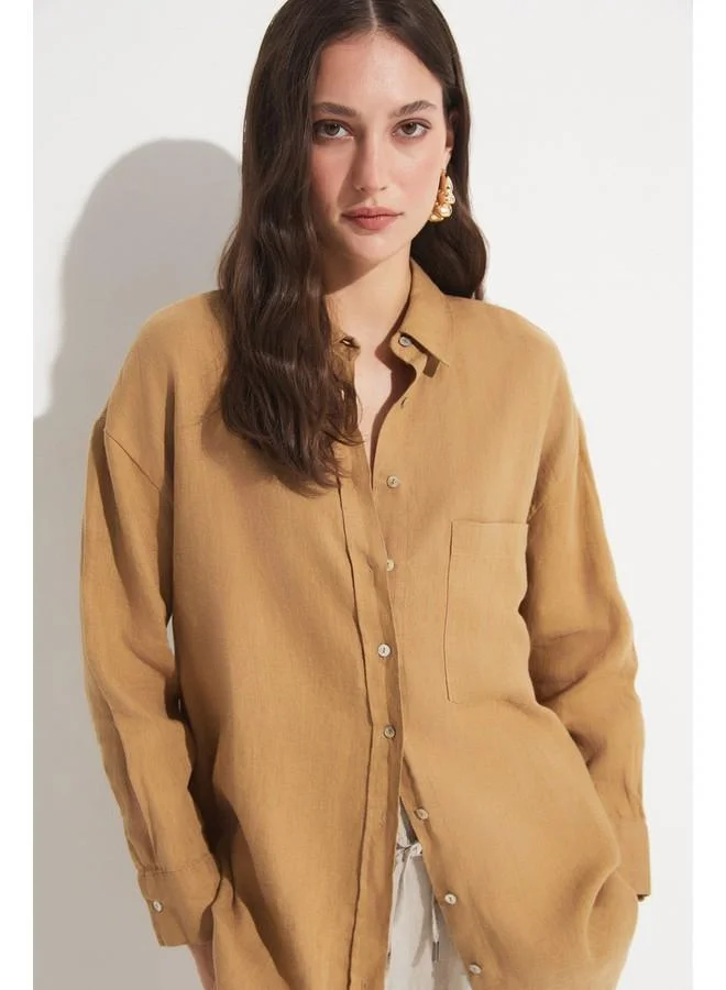 JUNE June Women Exclusive Regular Fit 100% Linen Pocket Detailed Shirt Beige