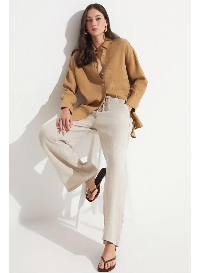 JUNE June Women Exclusive Regular Fit 100% Linen Pocket Detailed Shirt Beige