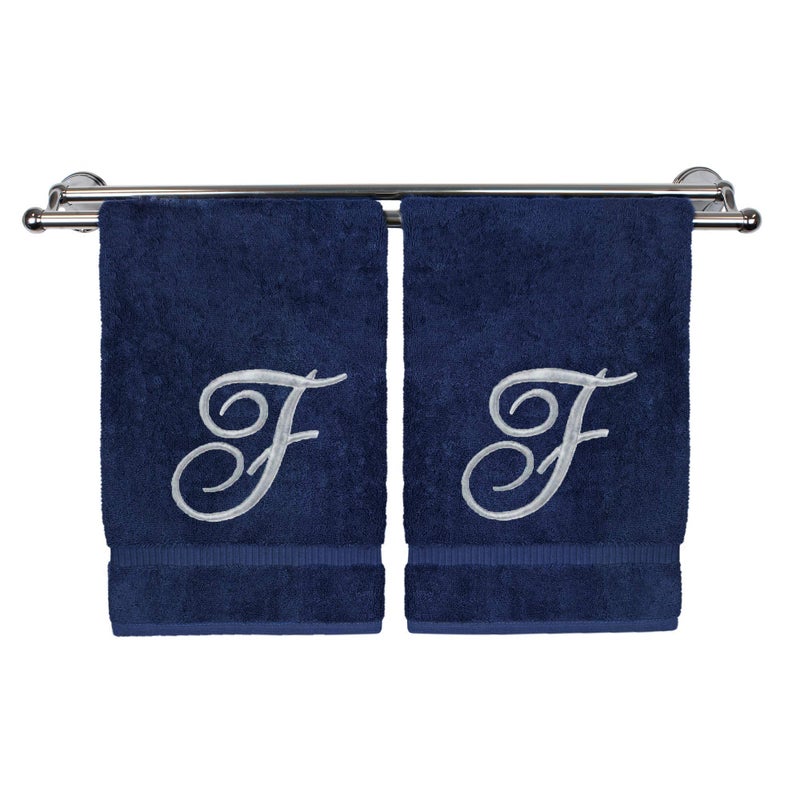 BC BARE COTTON Monogrammed Hand Towel  Personalized Gift  16 x 30 Inches - Set of 2 - Silver Embroidered Towel - Extra Absorbent 100% Turkish Cotton- Soft Terry Finish - for Bathroom  Kitchen and Spa- Script F Navy - Image 1
