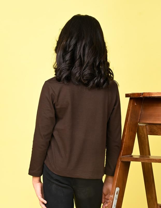 Nusyl Girls Full Sleeves Solid T-Shirt for Kids | Soft Cotton Blend | Comfortable Regular Fit | Casual 2-16 Years | Brown - Image 2
