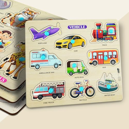 Lefan Wooden Puzzle Combo Set for Kids Vehicle, Fruit & Animal Knob Puzzles Montessori Educational Toy for Toddlers 2 Years+ Fine Motor Skill Learning Wooden Board Toy Gift - Image 2