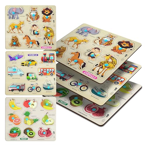 Lefan Wooden Puzzle Combo Set for Kids Vehicle, Fruit & Animal Knob Puzzles Montessori Educational Toy for Toddlers 2 Years+ Fine Motor Skill Learning Wooden Board Toy Gift - Image 1