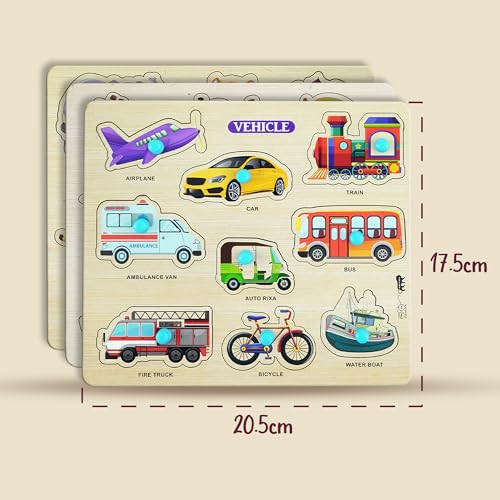 Lefan Wooden Puzzle Combo Set for Kids Vehicle, Fruit & Animal Knob Puzzles Montessori Educational Toy for Toddlers 2 Years+ Fine Motor Skill Learning Wooden Board Toy Gift - Image 4