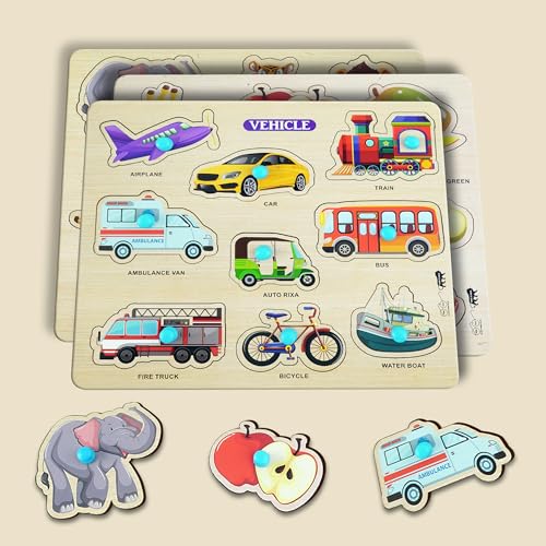 Lefan Wooden Puzzle Combo Set for Kids Vehicle, Fruit & Animal Knob Puzzles Montessori Educational Toy for Toddlers 2 Years+ Fine Motor Skill Learning Wooden Board Toy Gift - Image 3