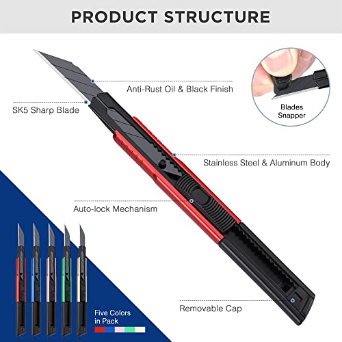 WORKPRO Premium Utility Knife Retractable Snap-off Blade, Heavy Duty Aluminum Box Cutter Set, Razor Knife Exacto Craft Knives, with 10 Extra 9mm Blades, Pack of 5 - Image 3