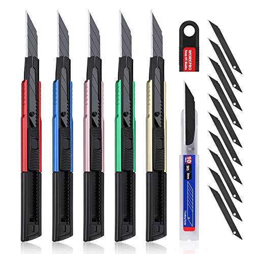 WORKPRO Premium Utility Knife Retractable Snap-off Blade, Heavy Duty Aluminum Box Cutter Set, Razor Knife Exacto Craft Knives, with 10 Extra 9mm Blades, Pack of 5 - Image 1