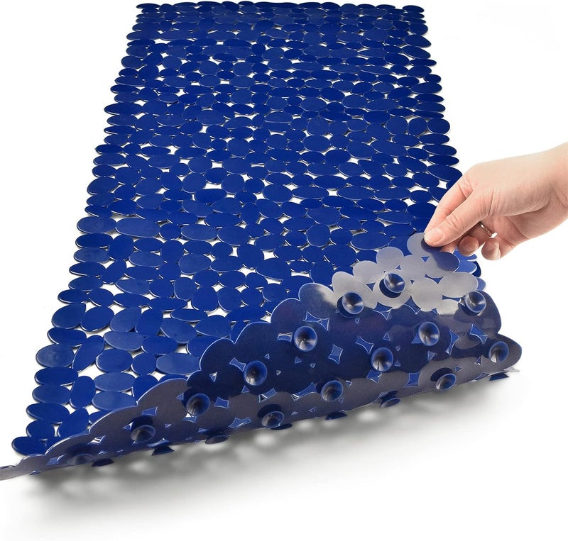SONGZIMING Bathtub Mat Non Slip Pebble Bath Shower Mat with Drain Holes, Suction Cups Mat for Tub 16" W x 35" L, Navy Blue - Image 1