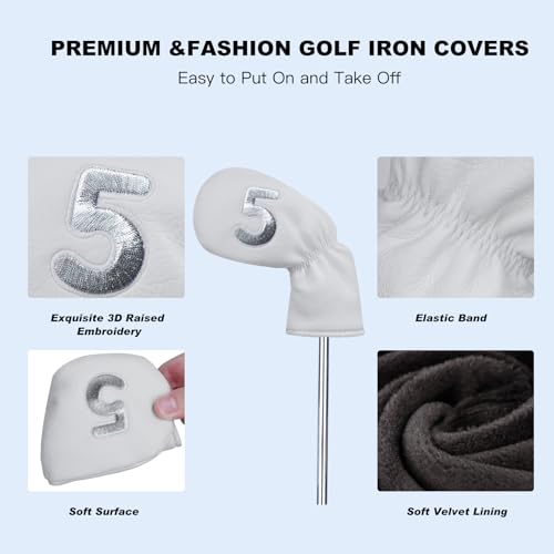 PONADA 10 Pcs Iron Covers for Golf Clubs, Premium PU Leather Golf Iron Covers with Big Number Design, Fits Most Iron Clubs, Designed for Easy On and Off (White) - Image 5