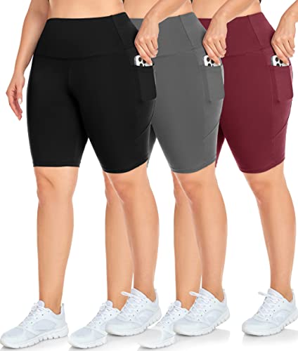 NEW YOUNG 3 Pack Plus Size Biker Shorts with Pockets for Women-High Waisted 8" Yoga Pants Workout Shorts - Image 1