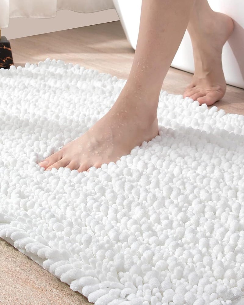 DEXI Bathroom Rug 16x24 Super Soft Thick Chenille Absorbent Bath Mat Non Slip Machine Washable Fluffy Shag Bathmat for Tub Shower Floor White