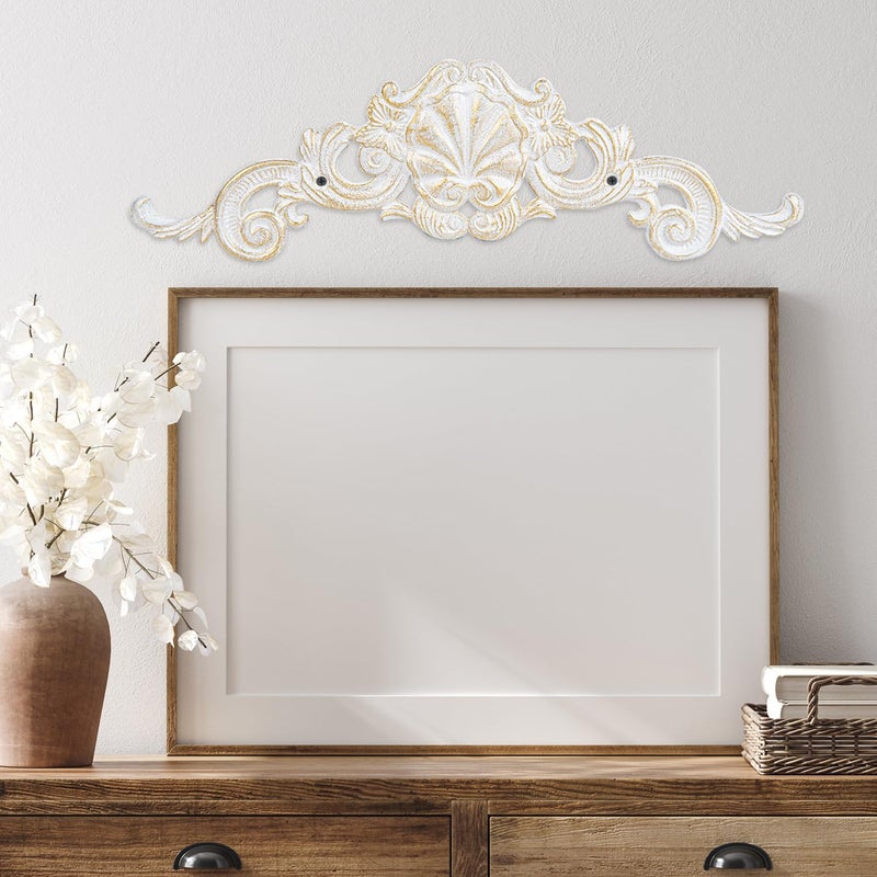 Sungmor Cast Iron Fleur De Lis Wall Decor, Vintage White Metal Flower Scrolled Wall Pediments Decor, 15.5" Long Carved Appliques Onlays, Wall Door Cabinet Mantel Topper Corner Carving Decals - Image 2