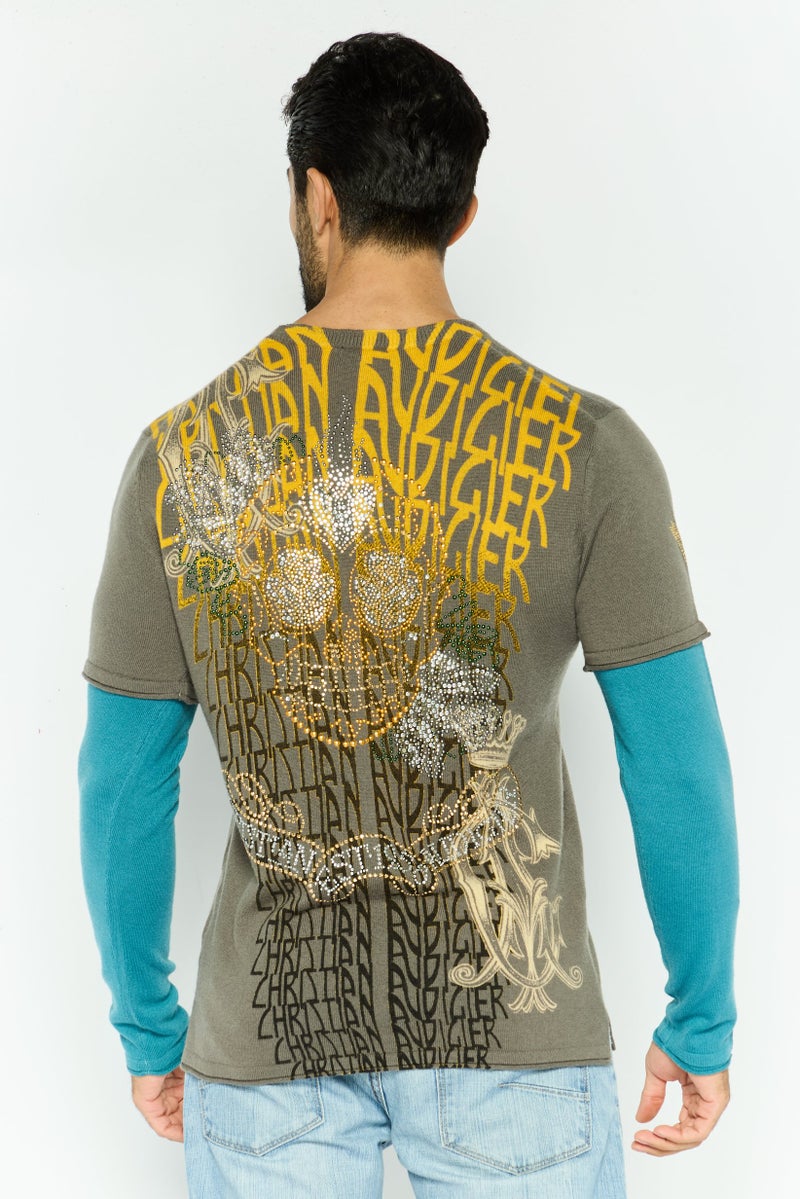 CHRISTIAN AUDIGIER Men Crew Neck Embellished Sweater, Grey - Image 3