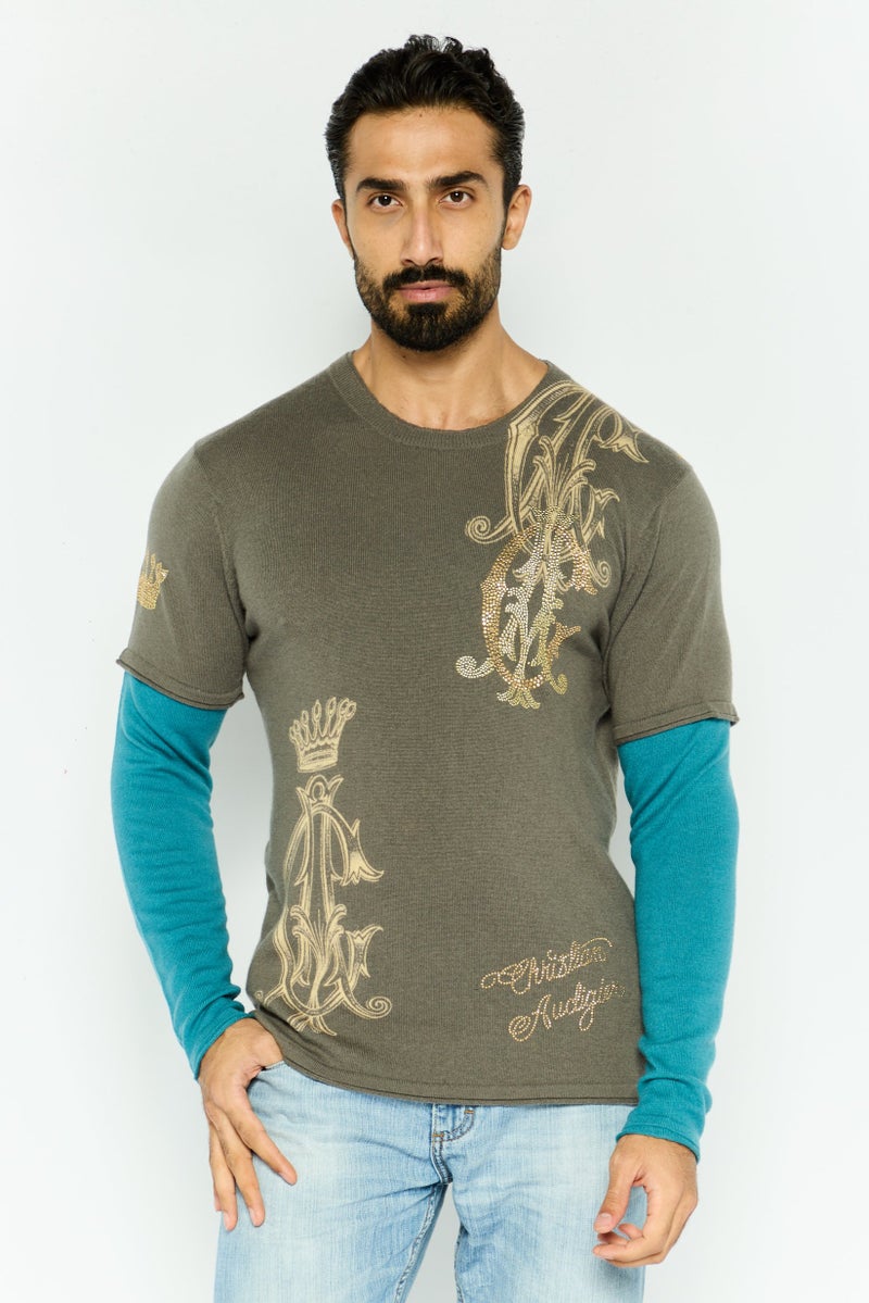 CHRISTIAN AUDIGIER Men Crew Neck Embellished Sweater, Grey - Image 1