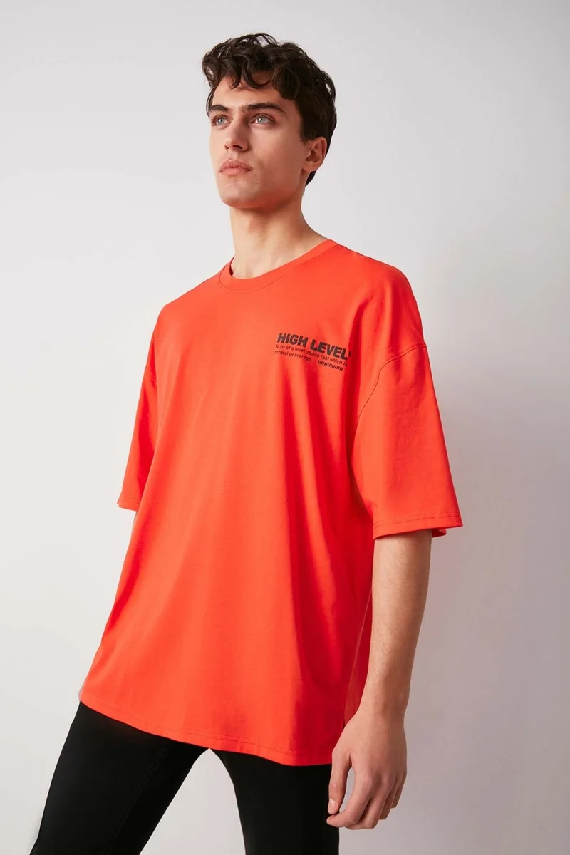 جريميلانج High Men's Thick Textured Printed Detail Oversize Short Sleeve Organic Cotton Red T-shirt