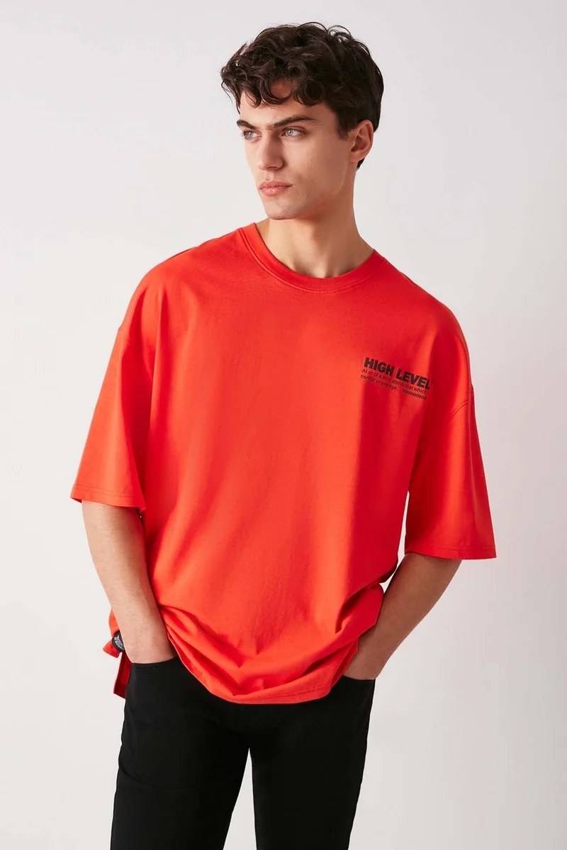 جريميلانج High Men's Thick Textured Printed Detail Oversize Short Sleeve Organic Cotton Red T-shirt
