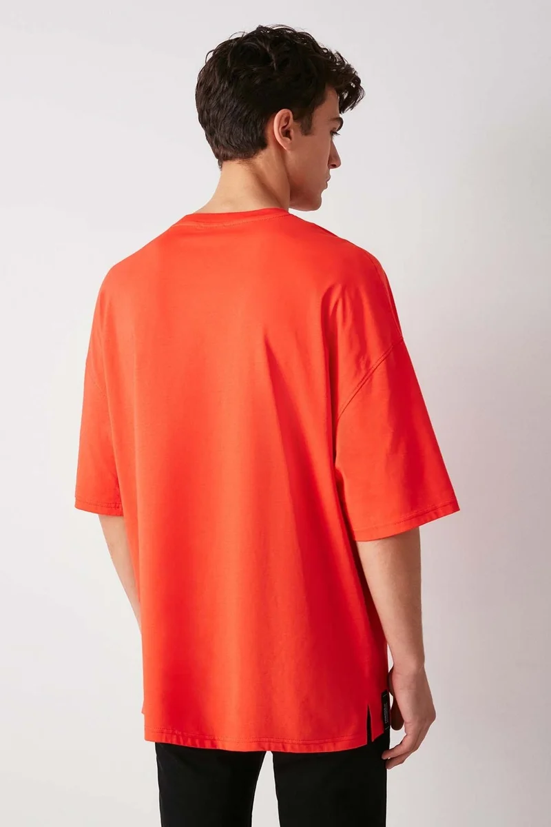 جريميلانج High Men's Thick Textured Printed Detail Oversize Short Sleeve Organic Cotton Red T-shirt