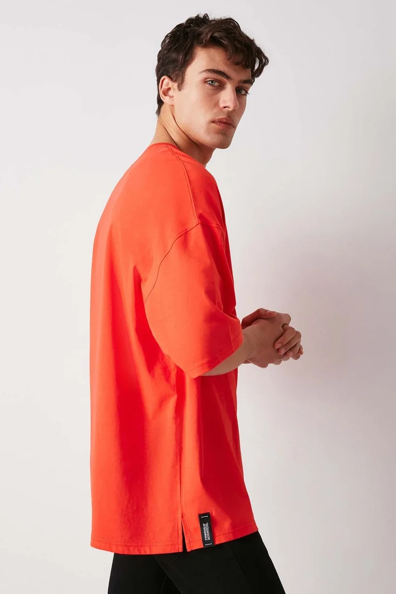 جريميلانج High Men's Thick Textured Printed Detail Oversize Short Sleeve Organic Cotton Red T-shirt