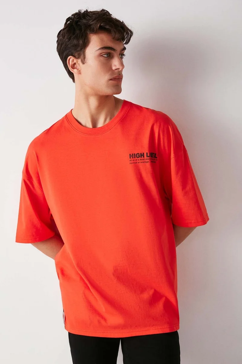 جريميلانج High Men's Thick Textured Printed Detail Oversize Short Sleeve Organic Cotton Red T-shirt