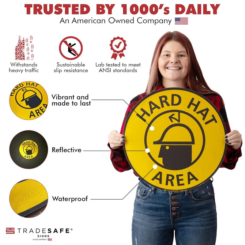 TRADESAFE ملصق أرضية مضاد للانزلاق لمنطقة الخوذة - علامة تحذير ملصق خوذة، ملصق فينيل لاصق قابل للتقشير، متوافق مع ANSI، ملصق دائري بقطر 17 بوصة - Image 2