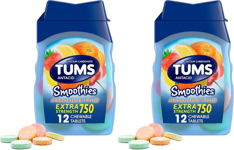 TUMS Smoothies Extra Strength Antacid Chewable Tablets for Heartburn Relief Assorted Fruit  12 Count Pack of 2 - Image 1
