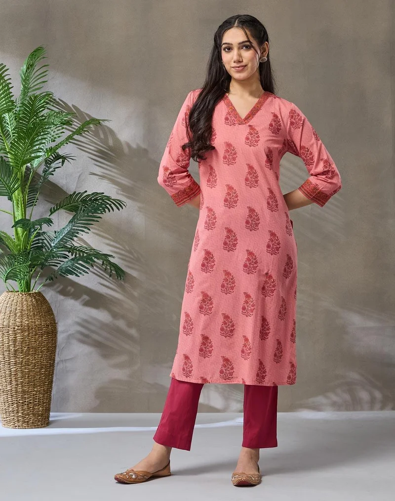 Fabindia Pink Cotton Printed Buta Pant & Kurta Set