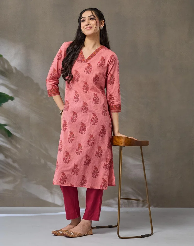 Fabindia Pink Cotton Printed Buta Pant & Kurta Set