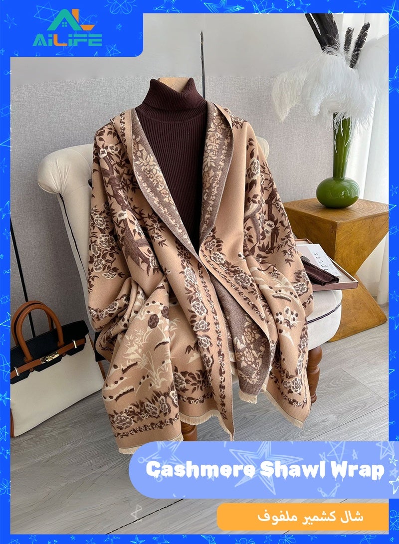 ال لايف شال كشمير صناعي فائق النعومة للنساء، وشاح بنقشة زهور مع شرابات، وشاح سميك ودافئ للشتاء، شال بطانية مريح للخريف والشتاء للارتداء اليومي والسهرة - كاكي - Image 1