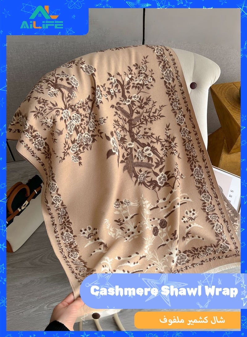 ال لايف شال كشمير صناعي فائق النعومة للنساء، وشاح بنقشة زهور مع شرابات، وشاح سميك ودافئ للشتاء، شال بطانية مريح للخريف والشتاء للارتداء اليومي والسهرة - كاكي - Image 2