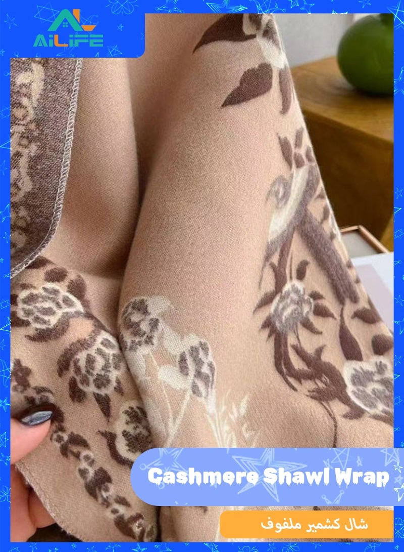 ال لايف شال كشمير صناعي فائق النعومة للنساء، وشاح بنقشة زهور مع شرابات، وشاح سميك ودافئ للشتاء، شال بطانية مريح للخريف والشتاء للارتداء اليومي والسهرة - كاكي - Image 3