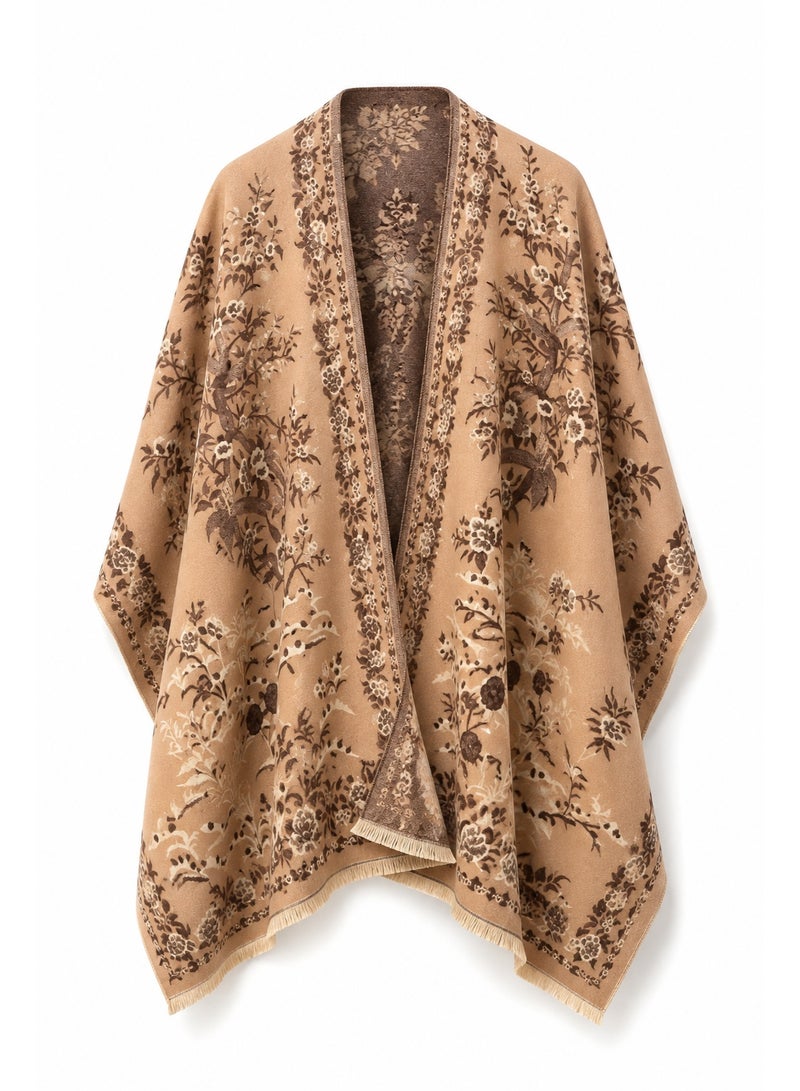 Al LIFE Women's Reversible Oversized Floral Shawl, Camel Beige & Brown Botanical Wrap Scarf with Fringe for Abaya, Dresses, Travel & Everyday Wear - Image 1