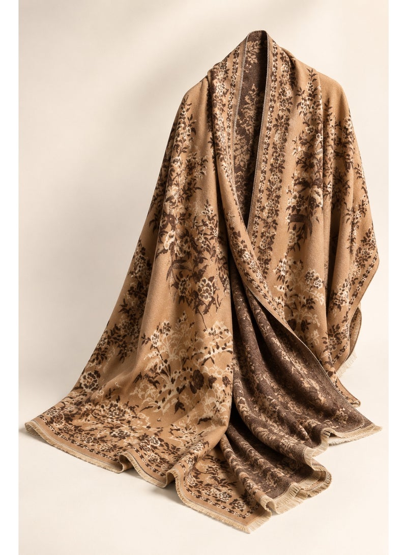 Al LIFE Women's Reversible Oversized Floral Shawl, Camel Beige & Brown Botanical Wrap Scarf with Fringe for Abaya, Dresses, Travel & Everyday Wear - Image 2