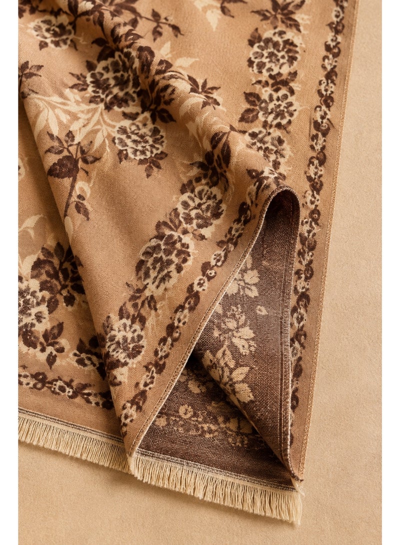 Al LIFE Women's Reversible Oversized Floral Shawl, Camel Beige & Brown Botanical Wrap Scarf with Fringe for Abaya, Dresses, Travel & Everyday Wear - Image 4