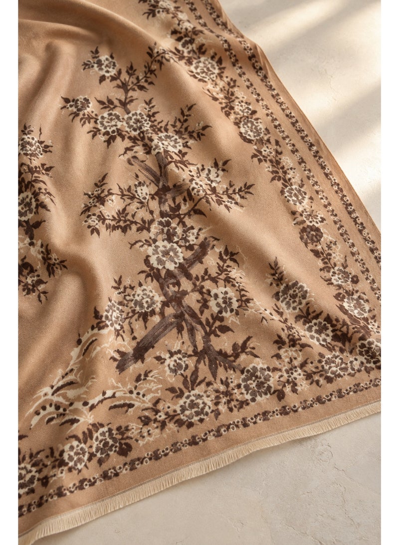 Al LIFE Women's Reversible Oversized Floral Shawl, Camel Beige & Brown Botanical Wrap Scarf with Fringe for Abaya, Dresses, Travel & Everyday Wear - Image 3