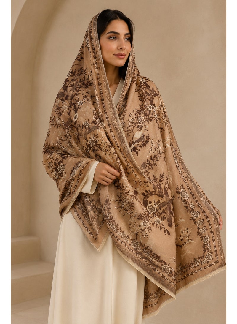 Al LIFE Women's Reversible Oversized Floral Shawl, Camel Beige & Brown Botanical Wrap Scarf with Fringe for Abaya, Dresses, Travel & Everyday Wear - Image 5