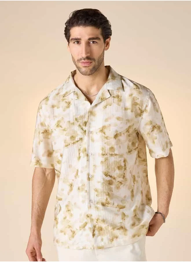 ايكونيك Iconic All-Over Print Camp Collar Shirt with Short Sleeves